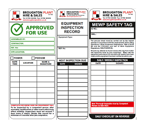 Inspection Tags for MEWP/Scissor/PAV